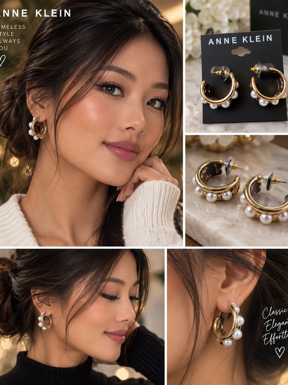 Anne Klein NWT Gold Tone Faux Pearl Chunky Hoop Earrings